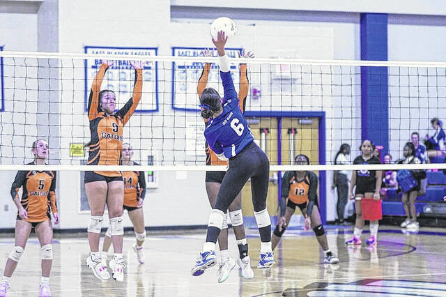 <p>East Bladen’s Bella Beard (6) goes for the kill Tuesday against East Columbus in a junior varsity match.</p>
<p>Layne Ross / @LR Mixes on Facebook</p>