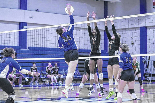 <p>East Bladen’s Aubrei Nixon (24) makes the play at the net against East Columbus during the varsity volleyball game Tuesday.</p>
<p>Layne Ross / @LR Mixes on Facebook</p>