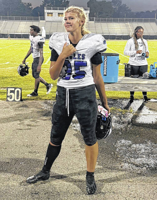<p>Continued photo</p>
<p>Kenley Parks on the East Bladen sideline in the game against South Columbus where she kicked two extra-points.</p>