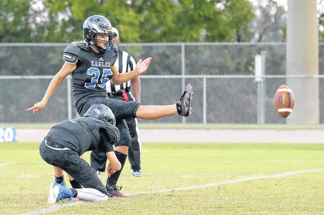 <p>East Bladen JV football kicker Kenley Parks made 4 of 6 extra-point attempts Thursday against Union.</p>
                                 <p>Kenneth Armstrong / kenarmphoto.com</p>