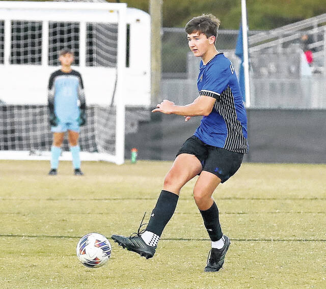 <p>East Bladen’s Easton Bostic, a senior, scored a goal against West Columbus in his final regular season home match.</p>
                                 <p>Kenneth Armstrong / kenarmphoto.com</p>