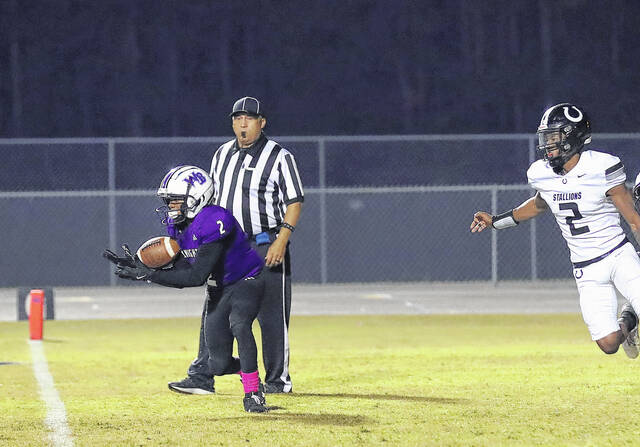 131882401_web1_West_Bladen_South_Columbus_football_01 
			
				                                West Bladens Keon Whittington (2) catches one of his three touchdowns Friday night against South Columbus.
                                 Kenneth Armstrong / <a href="https://www.kenarmphoto.com/" target="_blank">kenarmphoto.com</a>