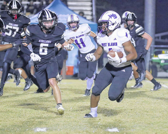 <p>West Bladen’s Ahmarie White (4) looks for running room against South Columbus.</p>
<p>Kenneth Armstrong / kenarmphoto.com</p>