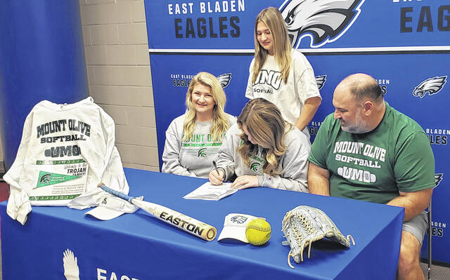 131943721_web1_Jenna_Brice_signs_Mount_Olive
Jenna Brice signs to play softball for the University of Mount Olive for the 2027 season as her mother Joy Brice (left), sister Rylee Brice (standing) and father Jamie Brice (right) look on during Wednesdays signing ceremony inside East Bladens media center.
Sonny Jones / Bladen Journal