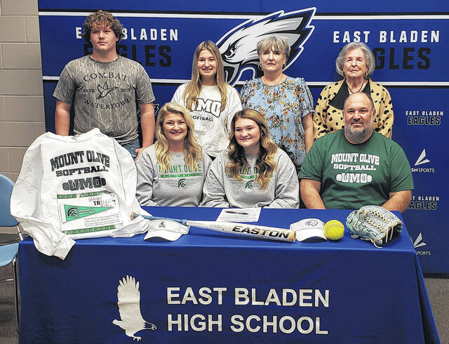 <p>Jenna Brice (front row, middle) with her parents, Joy Brice (left) and Jamie Brice (right) along with (back row, from left), Tyler Griffin, sister Rylee Brice, aunt Melody Brice and grandmother Phyllis Brice at her signing ceremony.</p>
<p>Sonny Jones / Bladen Journal</p>