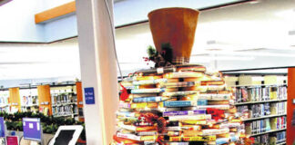 
			
				                                The book tree was fashioned and decorated by Bladen Public Library Director, Sheila Nance.
 
			
		