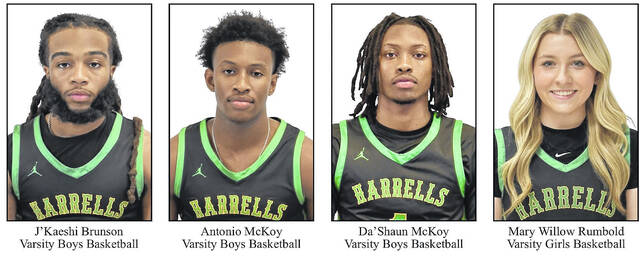 Four basketball players from Harrells Christian Academy have been named to the Coastal Plains Independent 2A Conference. JKaeshi Brunson, who averaged 6.5 assists per game, Antonio McKoy, who averaged 28 points and 10 rebounds, and DaShaun McKoy, who averaged 18 points and 7 rebounds, were named to the boys team, which posted a 29-8 record. Mary Willow Rumbold, who averaged 6 points and 3 rebounds, represented the Crusaders on the girls team.
                                 Contributed photo