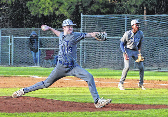 East Bladens Easton Bostic delivers a pitch against West Bladen.