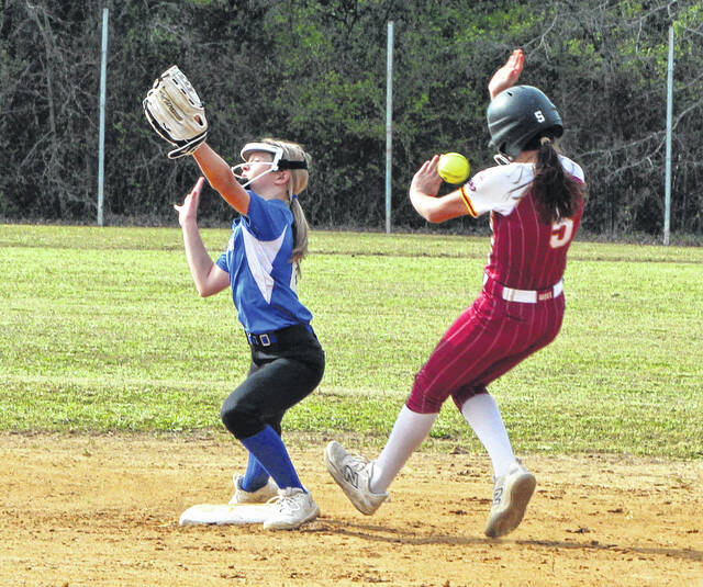 A Williams Township runner (5) is safe at second base in a game at Clarkton.
                                 Sonny Jones / Bladen Journal