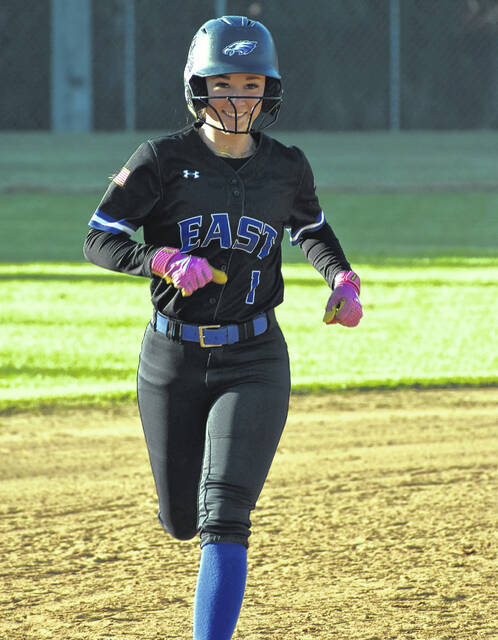 East Bladens Tatum Allen smiles after hitting a home run against Union.
                                 Xavier Potts / East Bladen journalism class