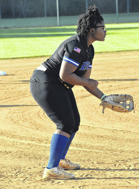 East Bladens Niyah Wooten gets ready to make a play from her third base position.
                                 Xavier Potts / East Bladen journalism class