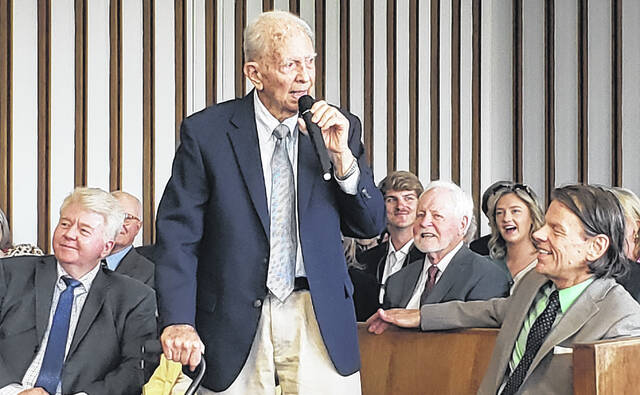 Retired Judge Giles Clark speaks to the audience Tuesday, March 24 after the unveiling of his portrait inside the Superior Courtroom of the Bladen County Courthouse.
                                 Sonny Jones / Bladen Journal