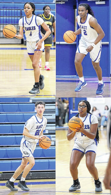 Four East Bladen basketball players and a cheerleader were named to Carolina All-Conference teams. The boys basketball team was represented by KeyShawn Kemp (top right) and Landyn Scott (lower left). The girls basketball team placed Ariel Cromartie (top left) and Sanaa Singletary (lower right). The cheerleading team selections were Janiya Reed and Nadya Colon. Named honorable mention were Tevin McLean (boys basketball), Aaliyah Monroe and Niyah Wooten (girls basketball) and Arian Fields (cheerleading). Full teams were not made available.
                                 Kenneth Armstrong / kenarmphoto.com