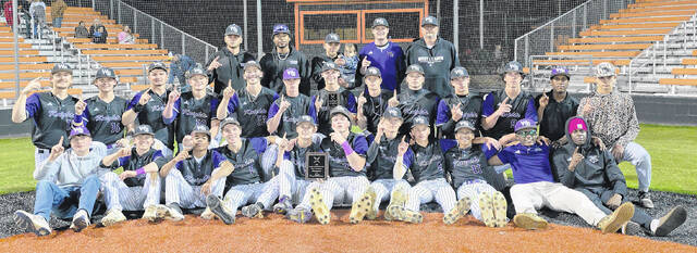 The West Bladen baseball team with the trophy after winning the Randy Ledford Memorial Easter tournament Tuesday, beating Cape Fear 5-4 at South View High School.
                                 Photo by Diane Trinidad