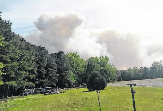 Thick smoke billows above trees near the Rosindale Road wildfire Wednesday, April 8.
                                 N.C. Forest Service photo