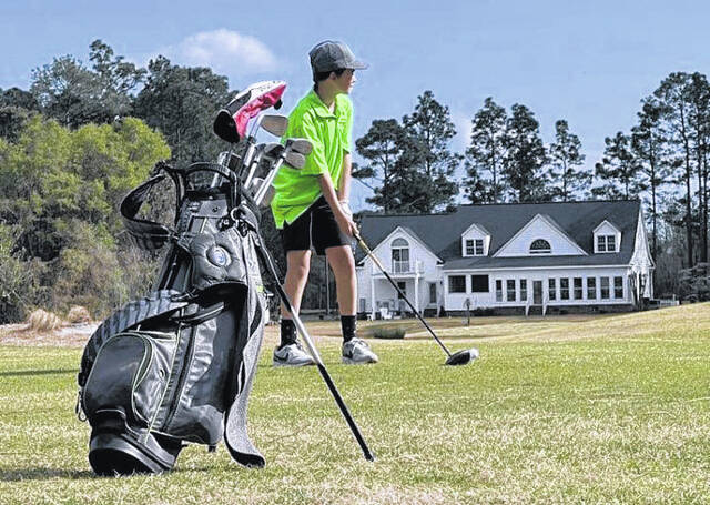 An Emereau: Bladen golfer prepares to tee off Monday during a match against Elizabethtown Christian on Monday.
Contributed photo