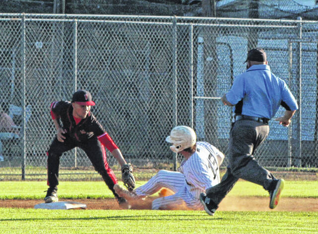 West Bladens Jackson Smith is tagged out at third base against Red Springs.
                                 Sonny Jones / Bladen Journal