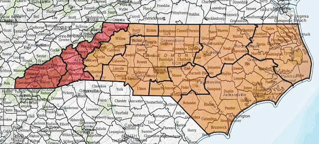 This map shows the forecasted fire danger across North Carolina. The entire state was in either extreme (red) or very high (orange) fire danger as of April 15.