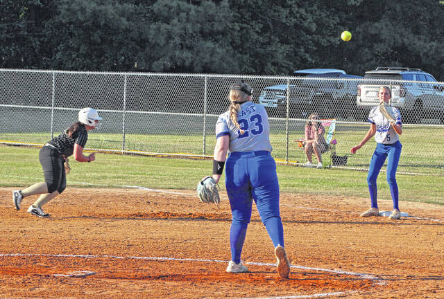 East Bladen pitcher Jenna Brice (23) throws to Taylor Dowless at first base after catching a line drive to double off a North Duplin runner.
                                 Sonny Jones / Bladen Journal