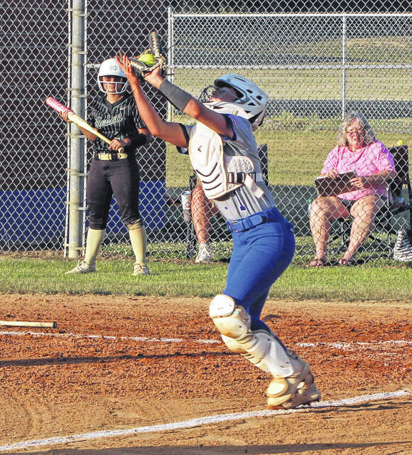 East Bladen catcher Tatum Allen catches a pop up against North Duplin.
                                 Sonny Jones / Bladen Journal