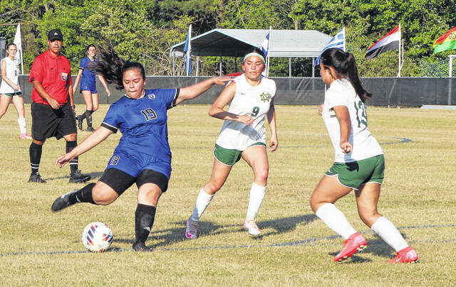 East Bladens Gabby Rebollar unleashes a shot toward the North Duplin goal.
                                 Sonny Jones / Bladen Journal