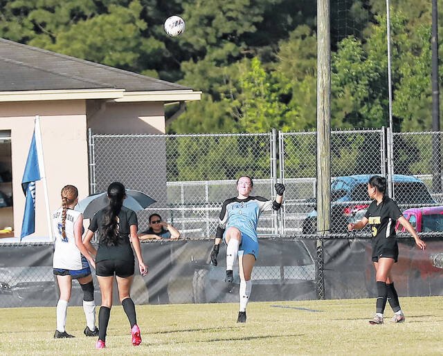 East Bladen keeper Aubrei Nixon kicks the ball against Hobbton.
                                 Kenneth Armstrong / kenarmphoto.com