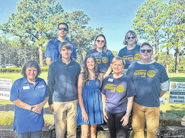 The Elizabethtown Rotary Club awarded scholarships to Jackson Bridgers and Kaelyn Eason during its golf tournament Friday at Vineyard Golf at White Lake. First row, from left, Terri Dennison, Bridgers, Eason, Sondra Guyton and Jim Hatchett. Back row, from left, Michael Leinwand, Whitley Ward and Tiina Mundy.
Contributed photo