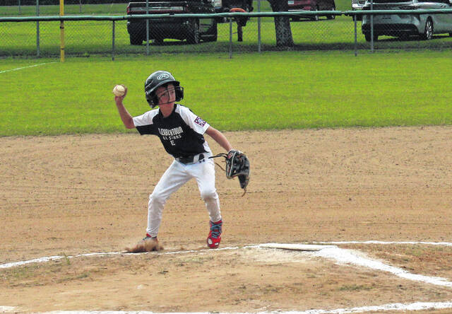 The Elizabethtown pitcher fields the grounder and makes the throw to first base for the out.
                                 Sonny Jones / Bladen Journal