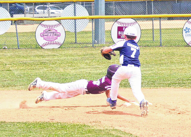 Elizabethtowns Branson Gooden (7) tries to tag out a Lumberton Maroon runner at second base Saturday, June 6 at Leinwand Park.
Sonny Jones / Bladen Journal